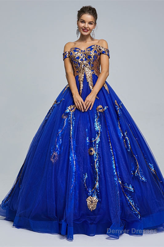 Blue Short Sleeve Off The Shoulder Tulle Sequin Decal Long Prom Dresses Main image