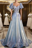 Blue Short Sleeve Pleats Prom Dress