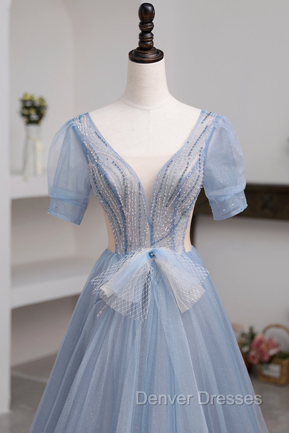 Blue Short Sleeve Tulle Floor Length Prom Dress with Beaded Secondary image