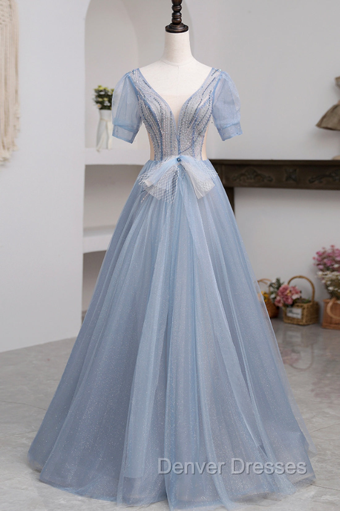 Blue Short Sleeve Tulle Floor Length Prom Dress with Beaded, Blue A-Line Evening Dress Main image