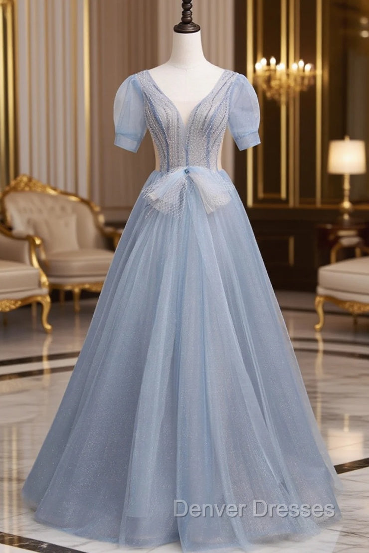 Blue Short Sleeve Tulle Floor Length Prom Dress with Beaded