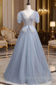 Blue Short Sleeve Tulle Floor Length Prom Dress with Beaded