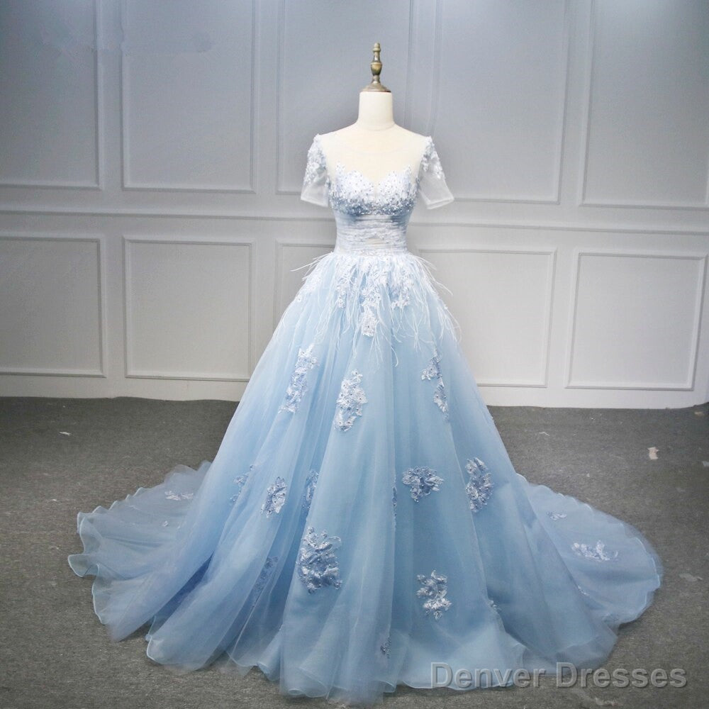 Blue Short Sleeves Lace Applique Organza Tulle Party Dress, Round Neckline Blue Sweet 16 Gown Formal Dress Secondary image