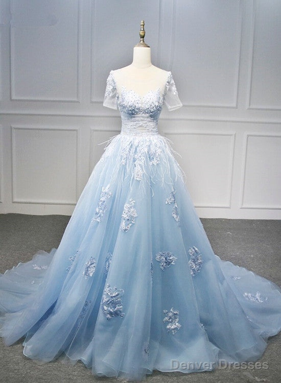 Blue Short Sleeves Lace Applique Organza Tulle Party Dress, Round Neckline Blue Sweet 16 Gown Formal Dress Main image