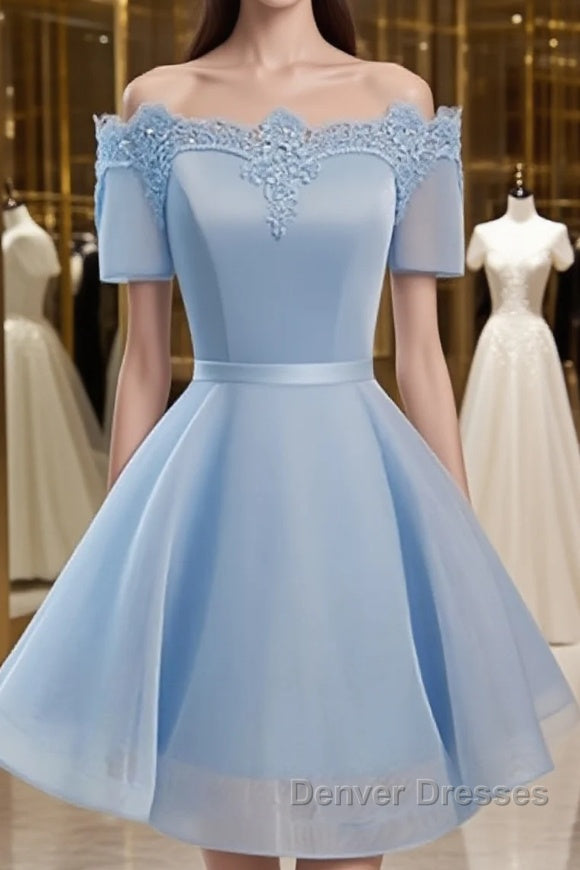 Blue Short Sleeves Lace-up Organza Bow Prom Dress, Homecoming Dress Main image