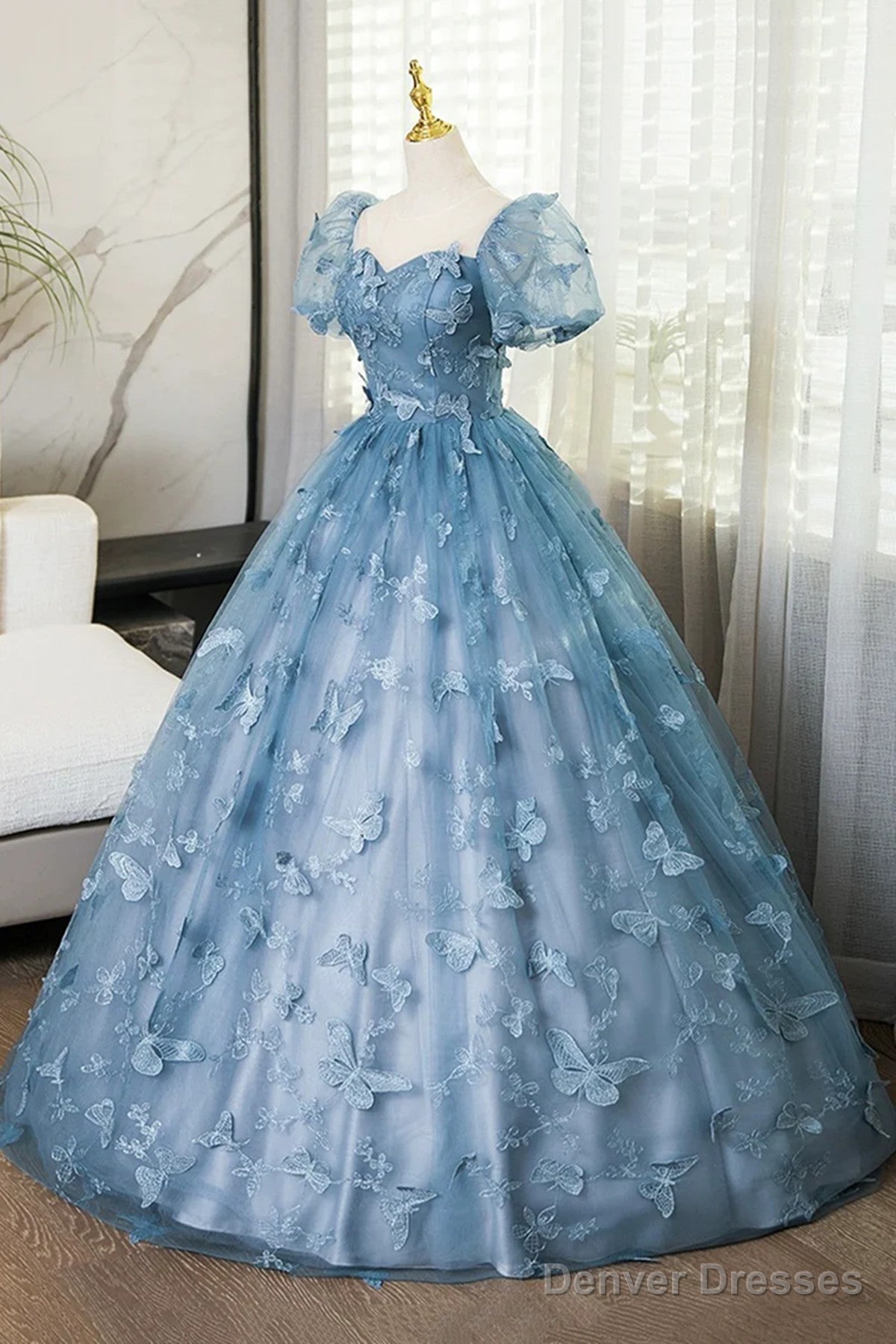 Blue Short Sleeves Long Party Dress With Butterfly Lace, Blue Prom Dress Secondary image