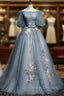 Blue Short Sleeves Long Tulle with Flower Applique Party Dress, Blue Sweet 16 Dress