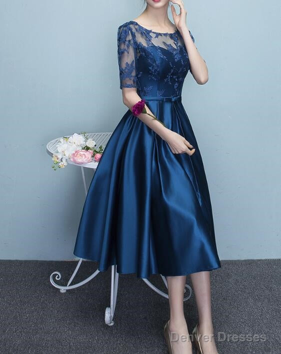 Blue Short Sleeves Tea Length Formal Dress, Blue Bridesmaid Dresses, Wedding Party Dresses Secondary image