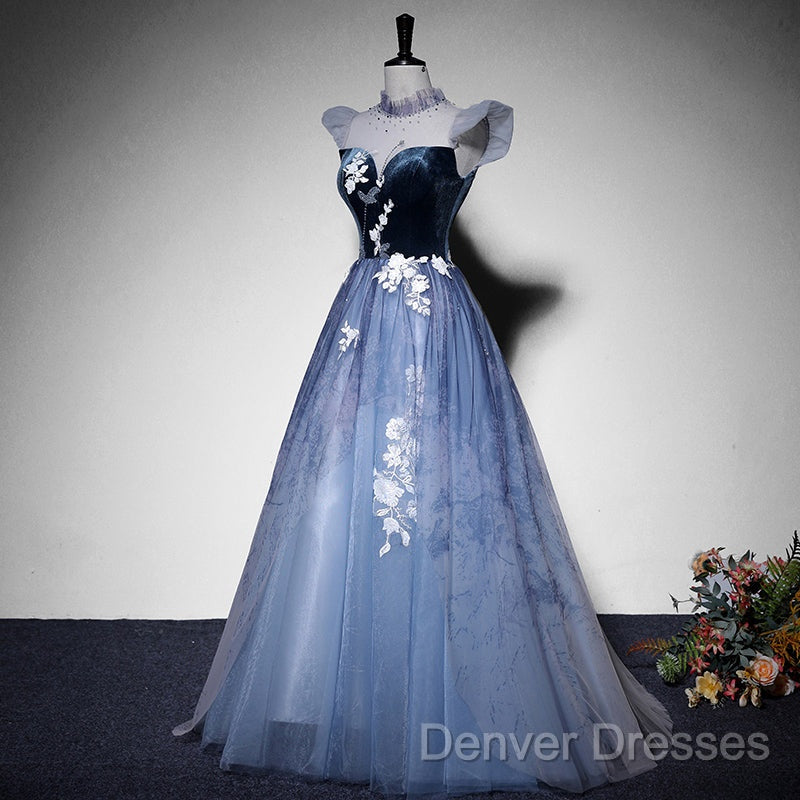 Blue Short Sleeves Tulle With Lace Long Party Dress, Blue Formal Gowns Secondary image