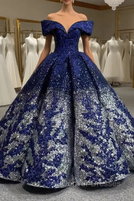 Blue Silver Ball Gown Sequins Appliques Prom Dress