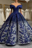 Blue Silver Ball Gown Sequins Appliques Prom Dress