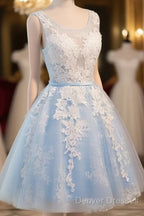 Blue Simple Tulle Homecoming Dress Lace Applique, Baby Blue Sash Backless A Line Knee Length Formal Dress