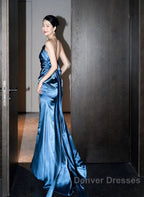Blue Soft Satin Long Prom Dress With Leg Slit, Blue Evening Dress Formal Dress