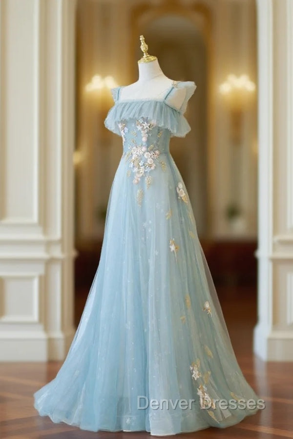 Blue Spaghetti Strap Lace Long Prom Dress, Cute A-Line Graduation Dress Main image
