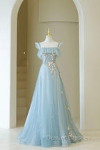 Blue Spaghetti Strap Lace Long Prom Dress, Cute A-Line Graduation Dress