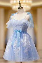 Blue Spaghetti Strap Lace Short Prom Dress, Lovely A-Line Homecoming Dress