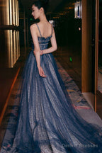 Blue Spaghetti Strap Long Prom Dresses, Blue A-Line Graduation Dresses