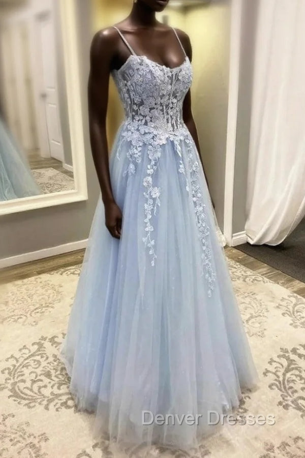 Blue Spaghetti Strap Tulle Appliques Prom Dress Main image
