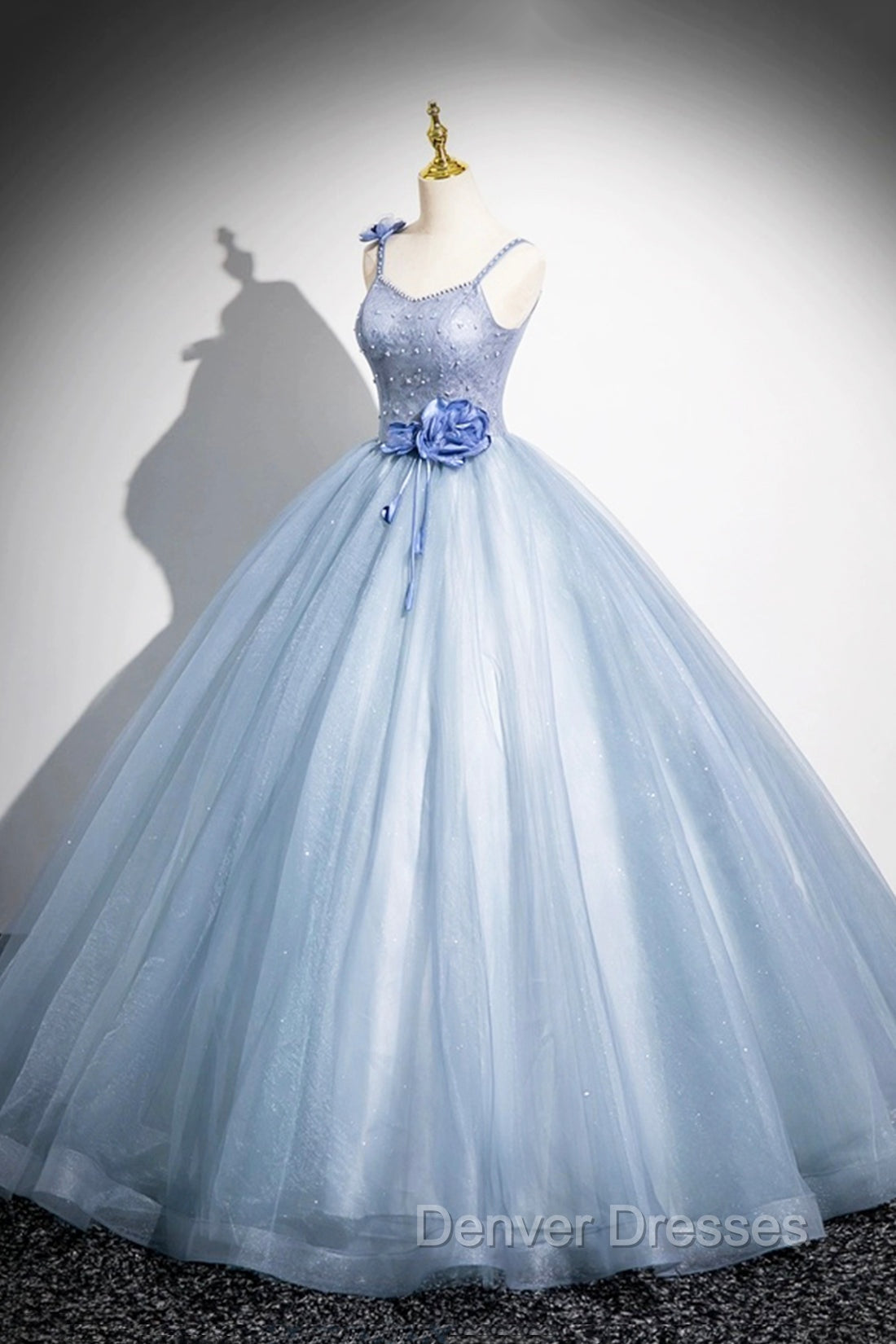 Blue Spaghetti Strap Tulle Floor Length Prom Dress, Pretty A-Line Evening Party Dress Secondary image