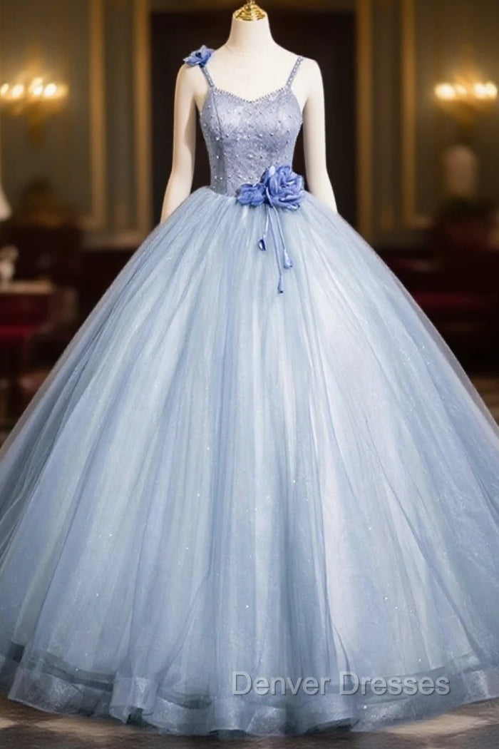 Blue Spaghetti Strap Tulle Floor Length Prom Dress, Pretty A-Line Evening Party Dress Main image