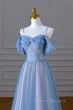 Blue Spaghetti Strap Tulle Long Prom Dress, A-Line Evening Dress