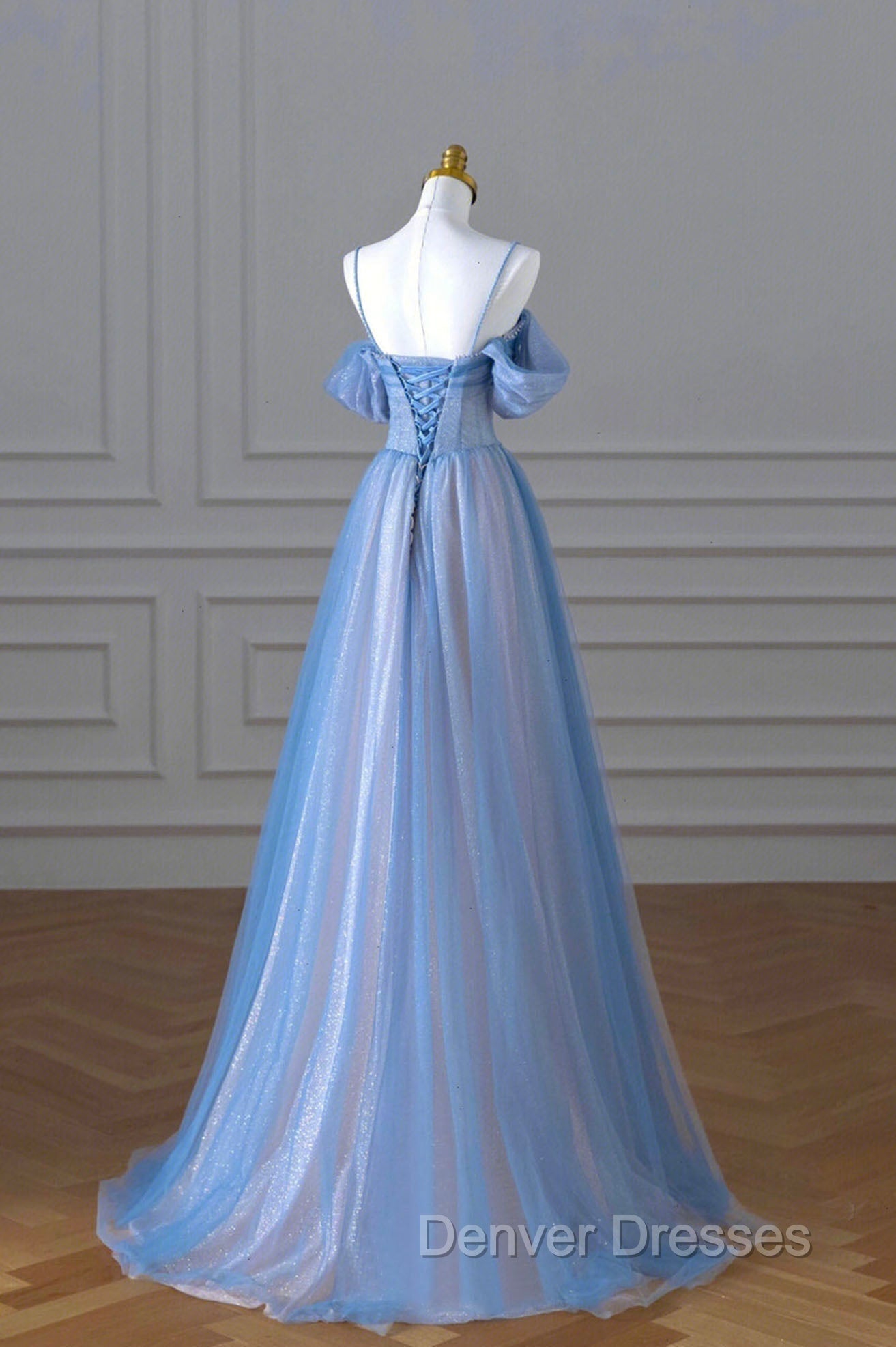 Blue Spaghetti Strap Tulle Long Prom Dress, A-Line Evening Dress Secondary image