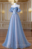 Blue Spaghetti Strap Tulle Long Prom Dress, A-Line Evening Dress