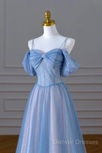 Blue Spaghetti Strap Tulle Long Prom Dress, Beautiful A-Line Evening Dress