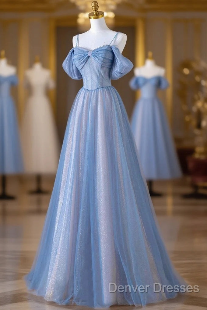 Blue Spaghetti Strap Tulle Long Prom Dress, Beautiful A-Line Evening Dress Main image