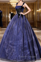 Blue Spaghetti Strap Tulle Long Prom Dress with Star, Blue Evening Party Dress