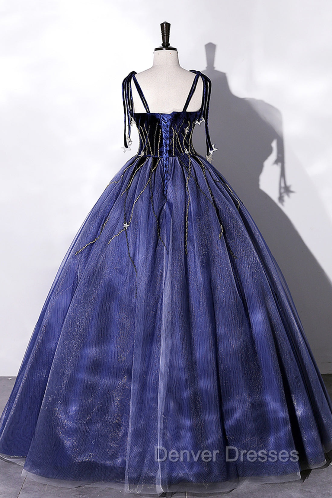 Blue Spaghetti Strap Tulle Long Prom Dress with Star, Blue Evening Party Dress