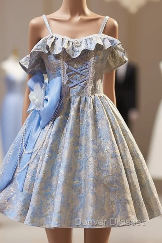 Blue Spaghetti Straps Bow Homecoming Dress Main image