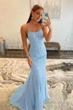 Blue Spaghetti Straps Mermaid Prom Dress With Appliques