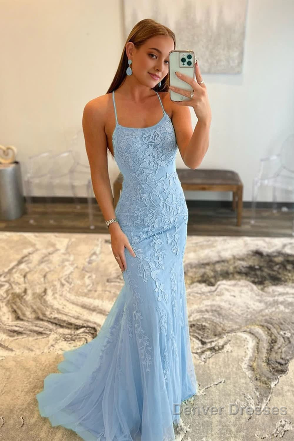 Blue Spaghetti Straps Mermaid Prom Dress With Appliques Main image