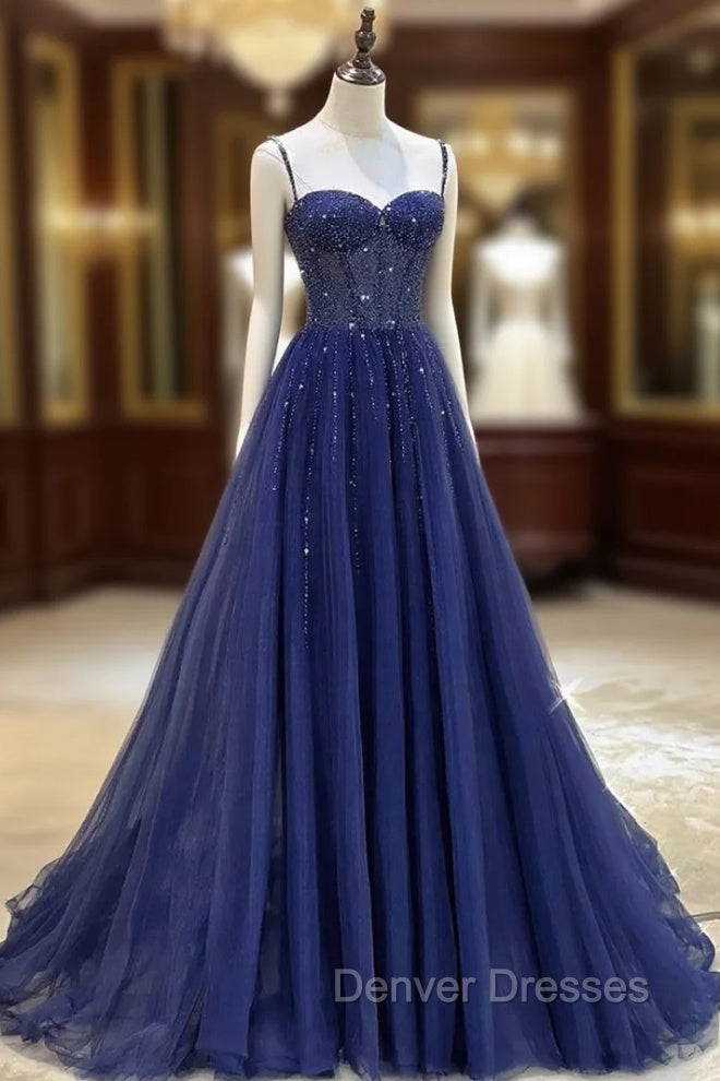 Blue Spaghetti Straps Tulle Beading Prom Dress