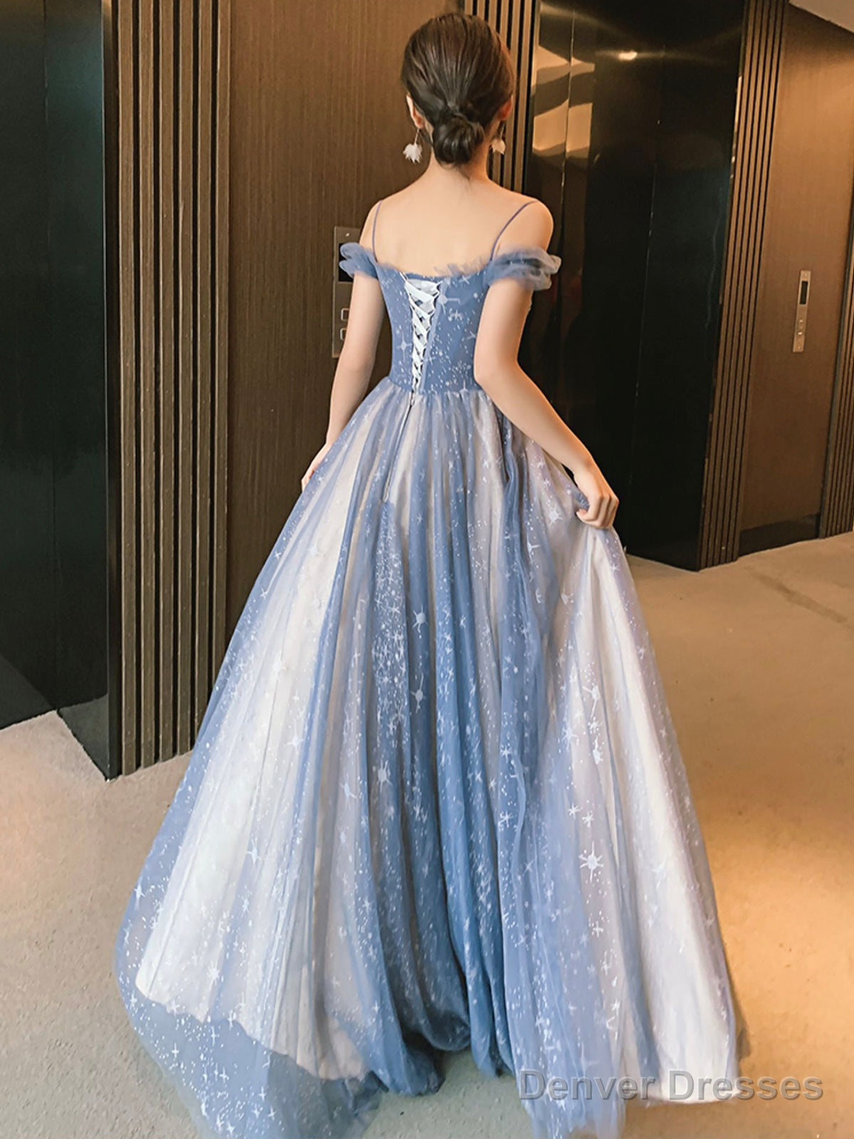 Blue Spaghetti Straps Tulle Long Prom Dress, Cute A-Line Evening Dress Secondary image