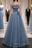 Blue Spaghetti Straps Tulle Sequins Beading Prom Dress