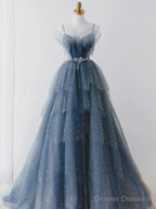 Blue Sparkle Beadedd Tulle Floor Length Party Dress, Blue Junior Prom Dress