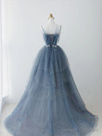 Blue Sparkle Beadedd Tulle Floor Length Party Dress, Blue Junior Prom Dress