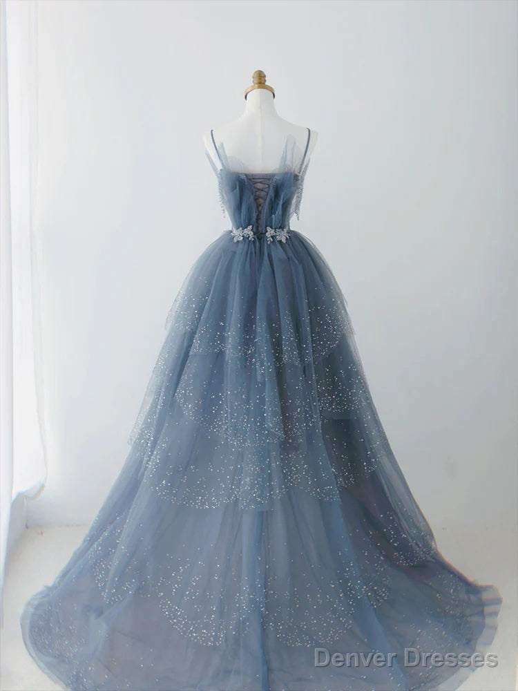 Blue Sparkle Beadedd Tulle Floor Length Party Dress, Blue Junior Prom Dress
