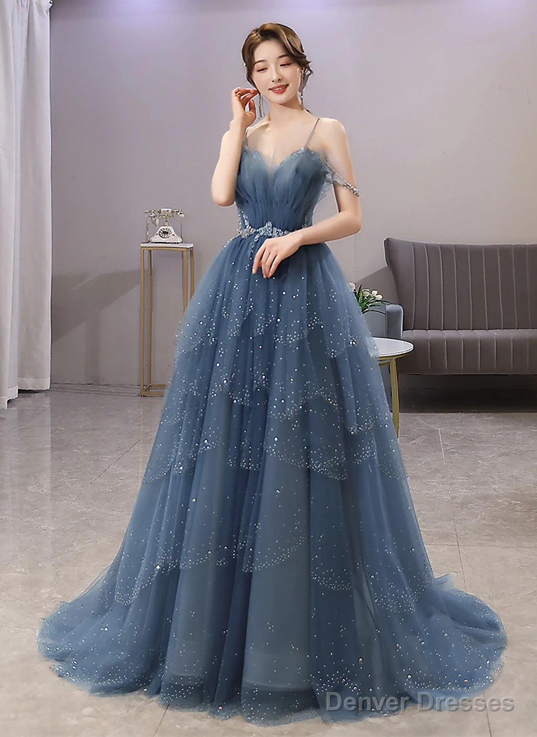 Blue Sparkle Beadedd Tulle Floor Length Party Dress, Blue Junior Prom Dress