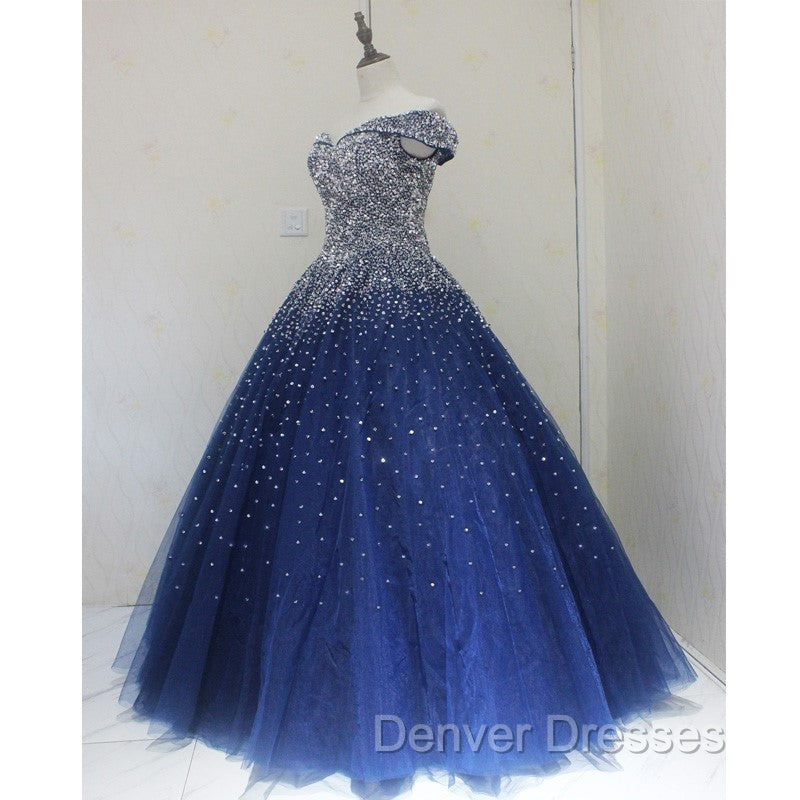 Blue Sparkle Off Shoulder Ball Party Dress , Handmade Beaded Party Dress