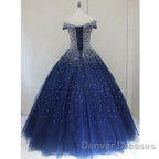 Blue Sparkle Off Shoulder Ball Party Dress Handmade Beaded Party Dress Elegant Prom Dress Evening Dress