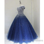 Blue Sparkle Off Shoulder Ball Party Dress Handmade Beaded Party Dress Elegant Prom Dress Evening Dress