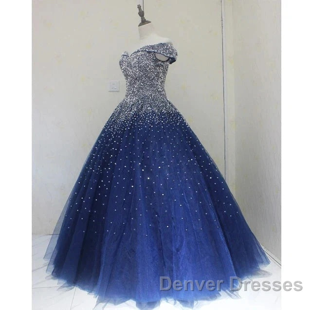 Blue Sparkle Off Shoulder Ball Party Dress Handmade Beaded Party Dress Elegant Prom Dress Evening Dress