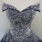 Blue Sparkle Off Shoulder Ball Party Dress Handmade Beaded Party Dress Elegant Prom Dress Evening Dress