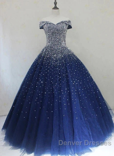 Blue Sparkle Off Shoulder Ball Party Dress Handmade Beaded Party Dress Elegant Prom Dress Evening Dress