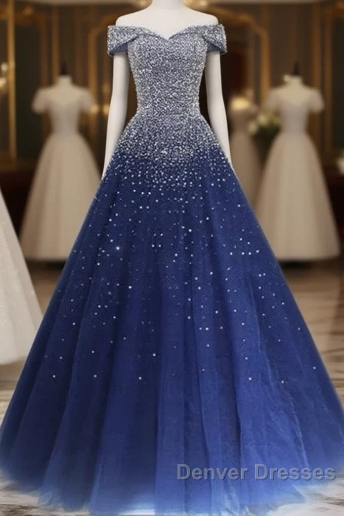 Blue Sparkle Off Shoulder Ball Party Dress Handmade Beaded Party Dress Elegant Prom Dress Evening Dress Main image