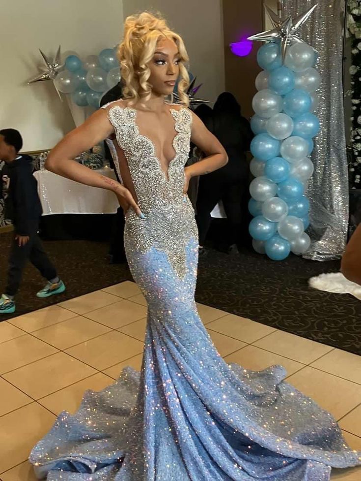 Blue Gorgeous Shiny Sequins Long Mermaid Slim Ball Gown Evening Dress Secondary image