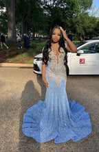 Blue Gorgeous Shiny Sequins Long Mermaid Slim Ball Gown Evening Dress